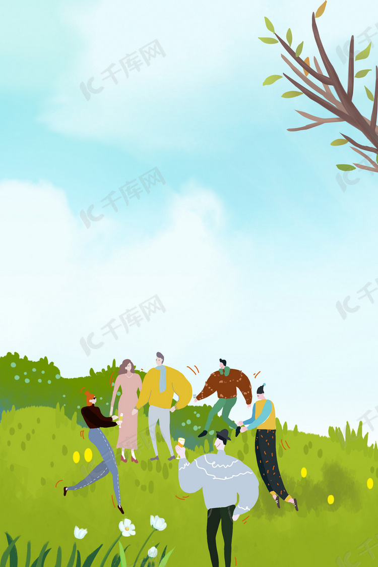 春分野外朋友聚会插画海报背景图片免费下载-千库网