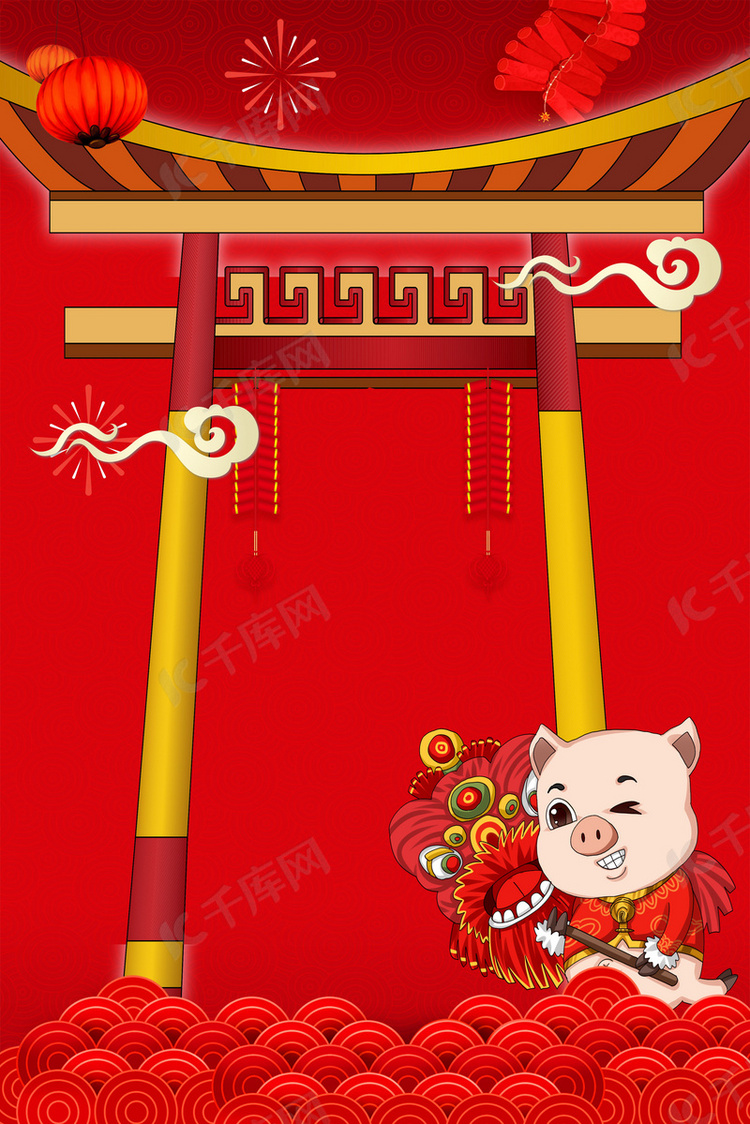 卡通建筑 小猪 新年中国风背景