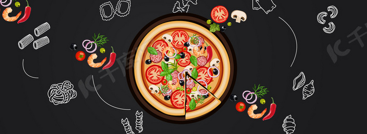 海鲜蔬菜披萨美食背景海报