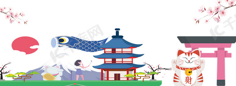 樱花季日本旅游卡通灰色banner