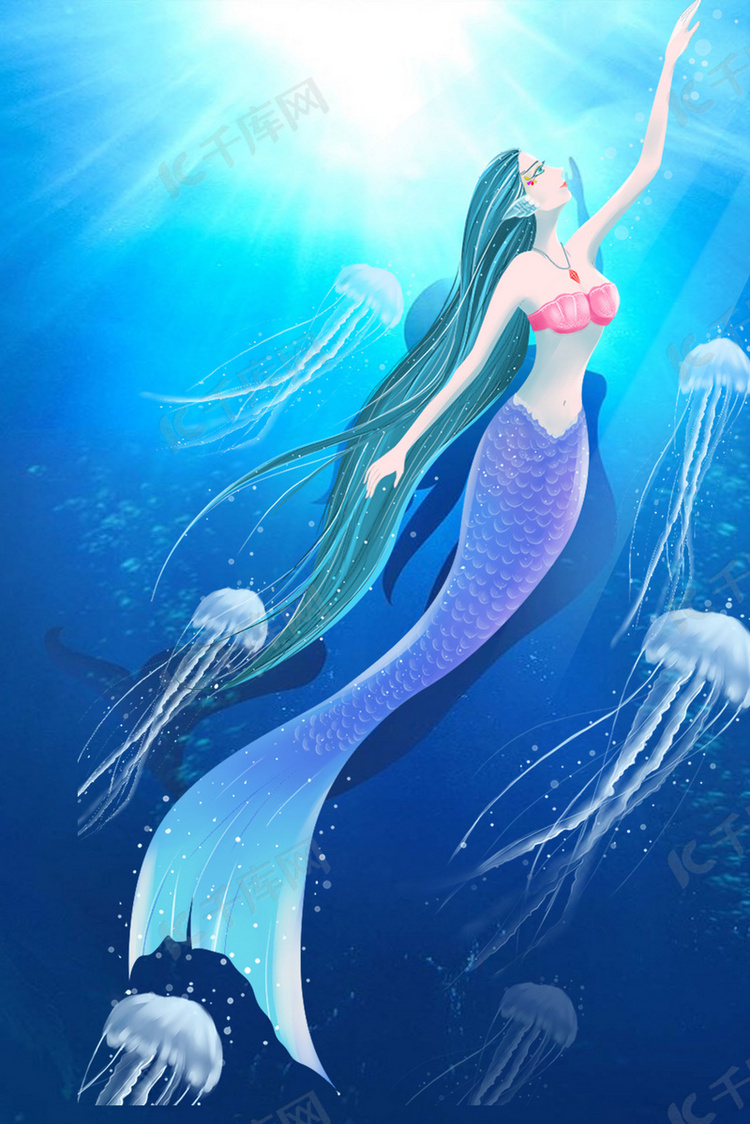 蓝色海底梦幻美人鱼psd分层h5背景素材