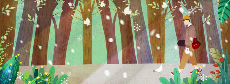 晴朗冬日森林出行滑板男孩插画风