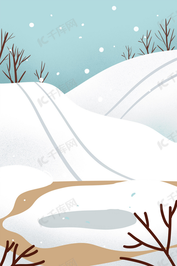 手绘插画冬天雪天雪山风景