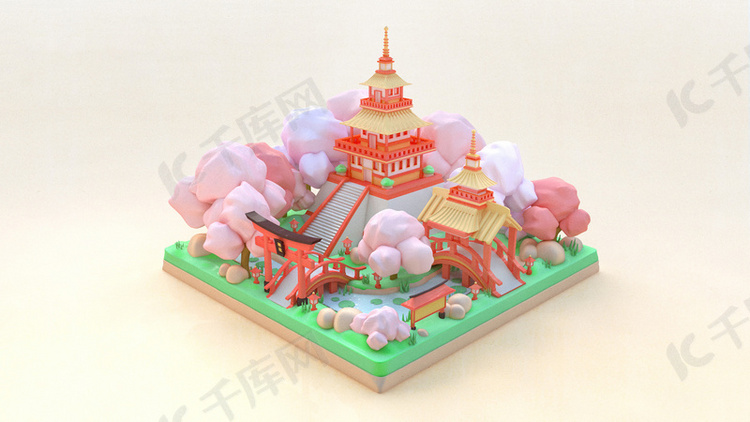 C4D中国风孟菲斯色系寺庙模型