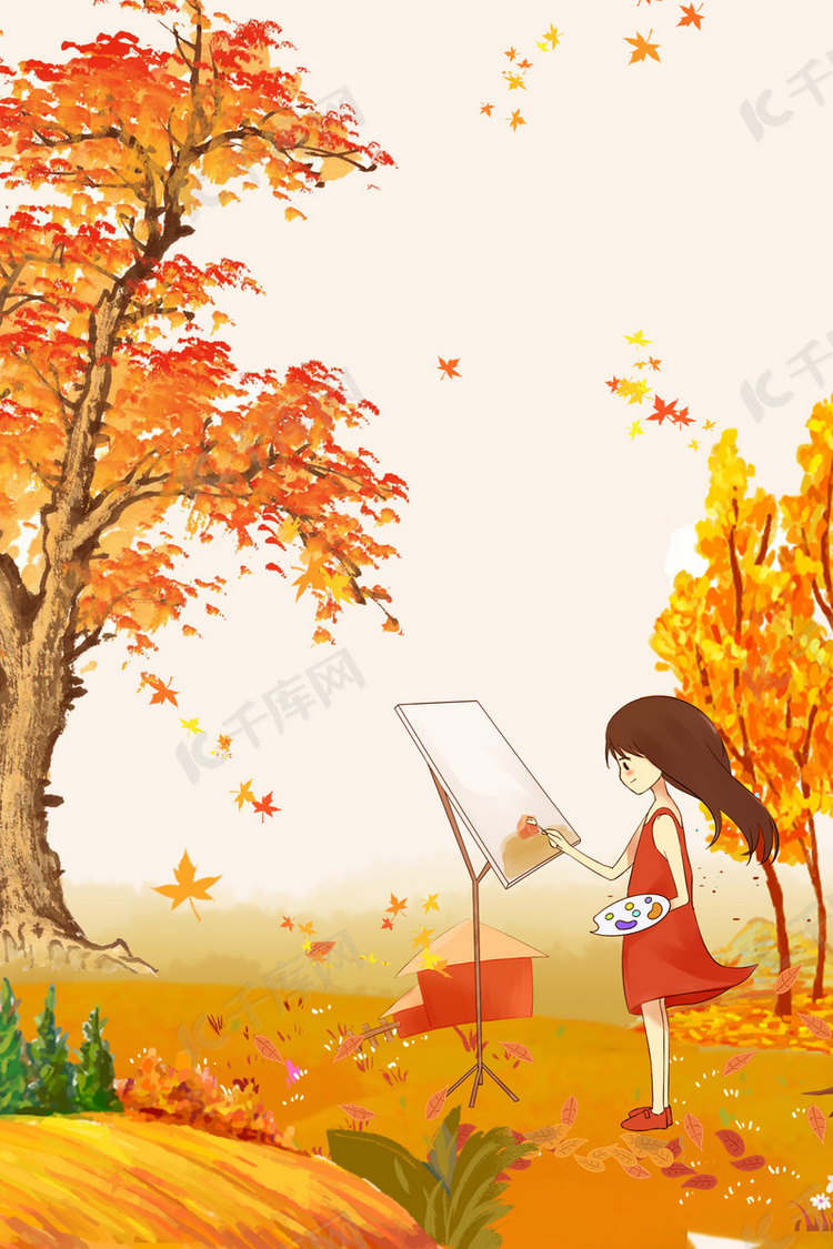 清新手绘秋季旅行户外写生的少女