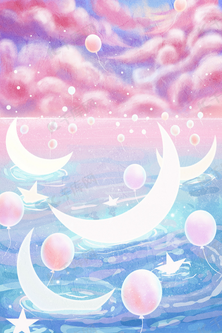 梦幻唯美粉色云层河流月亮星星背