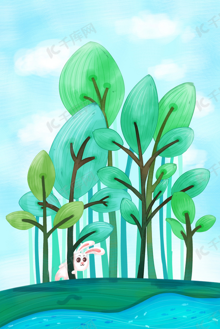 卡通绿色的森林大树