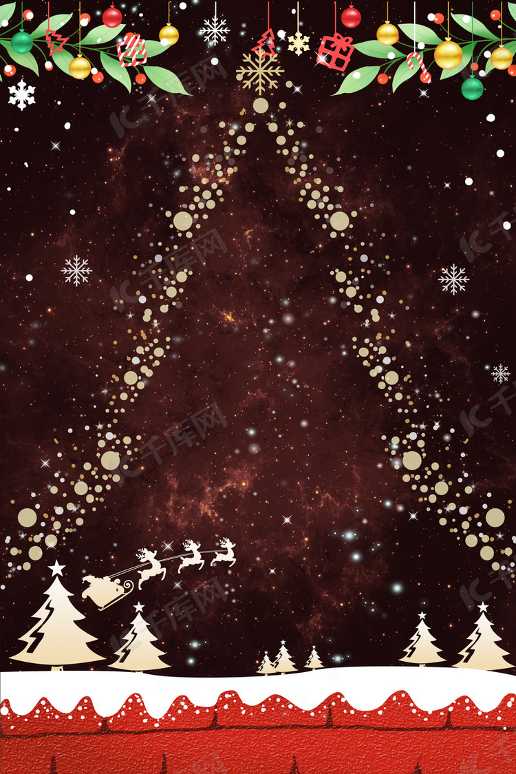 温馨圣诞节金色松树雪橇麋鹿
