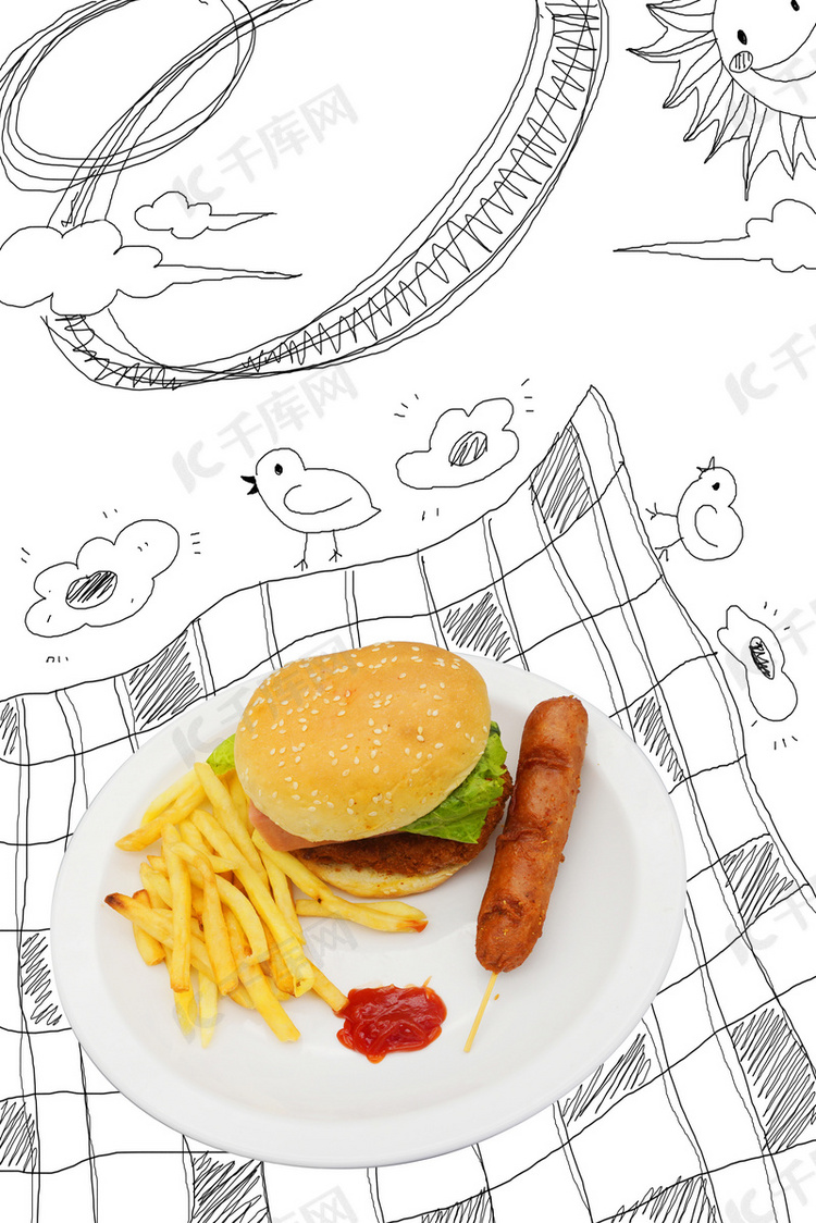 美食食物汉堡简笔画创意手绘清新