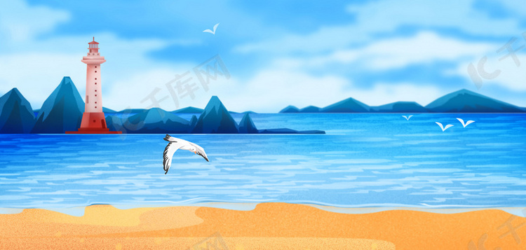 夏季蓝色清凉大海沙滩海边海鸥背