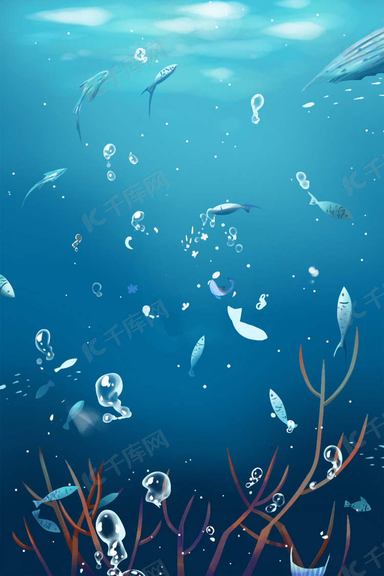 蓝色深海海底水草气泡小鱼背景图