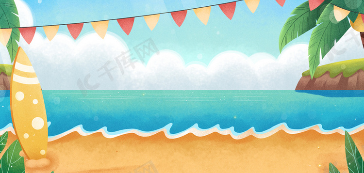 夏日海边沙滩海水旗帜椰子树冲浪