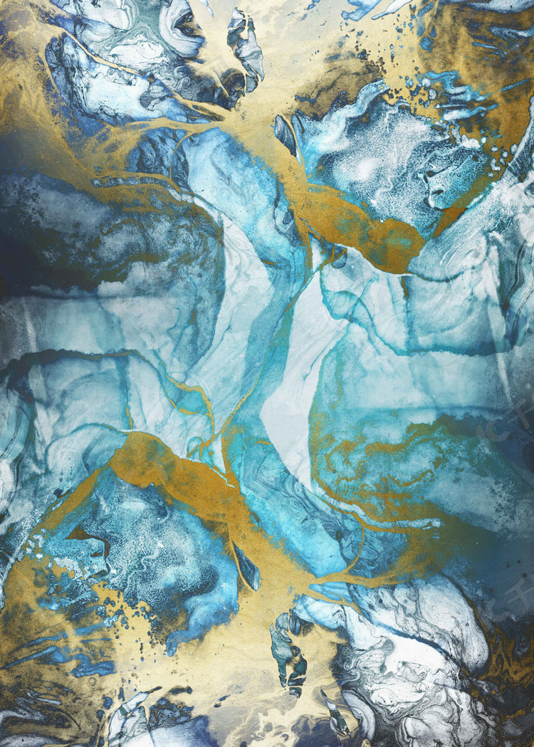 蓝色大理石质感流体金光金粉抽象