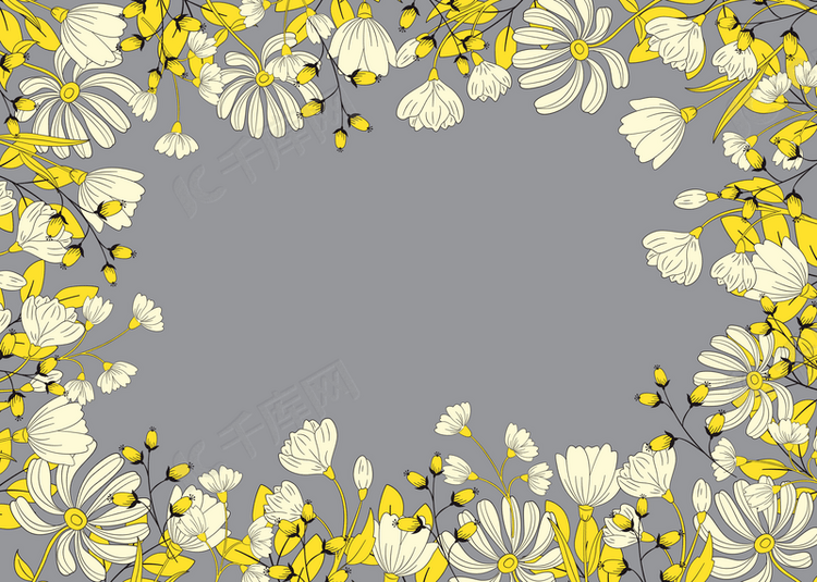 流行色各种花卉组成的黄灰色背景