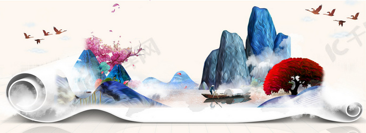 中国风创意卷轴山水画海报背景