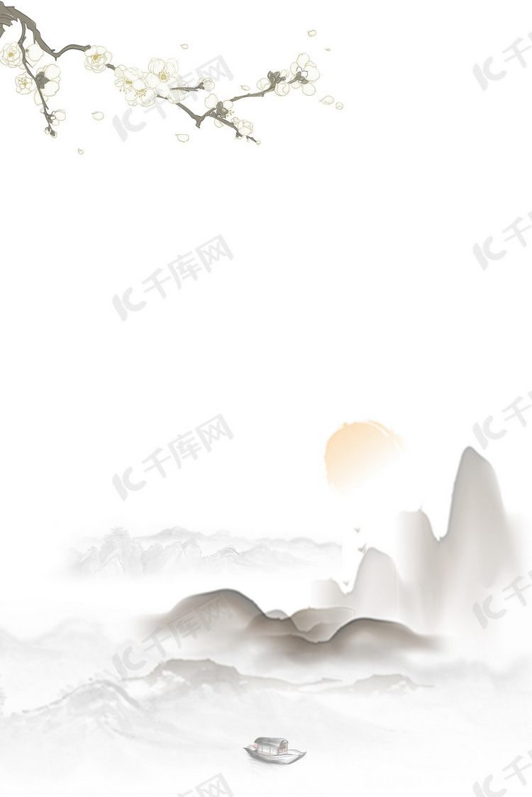 中国风日出山水灰色背景