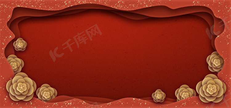 红色手工剪纸金花中国风新年背景
