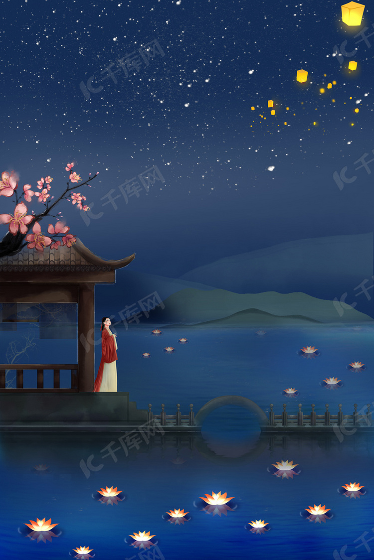 古风仰望思念故人中元节背景