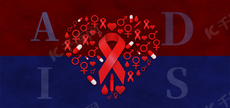 蓝红色背景艾滋病爱心标志红色标