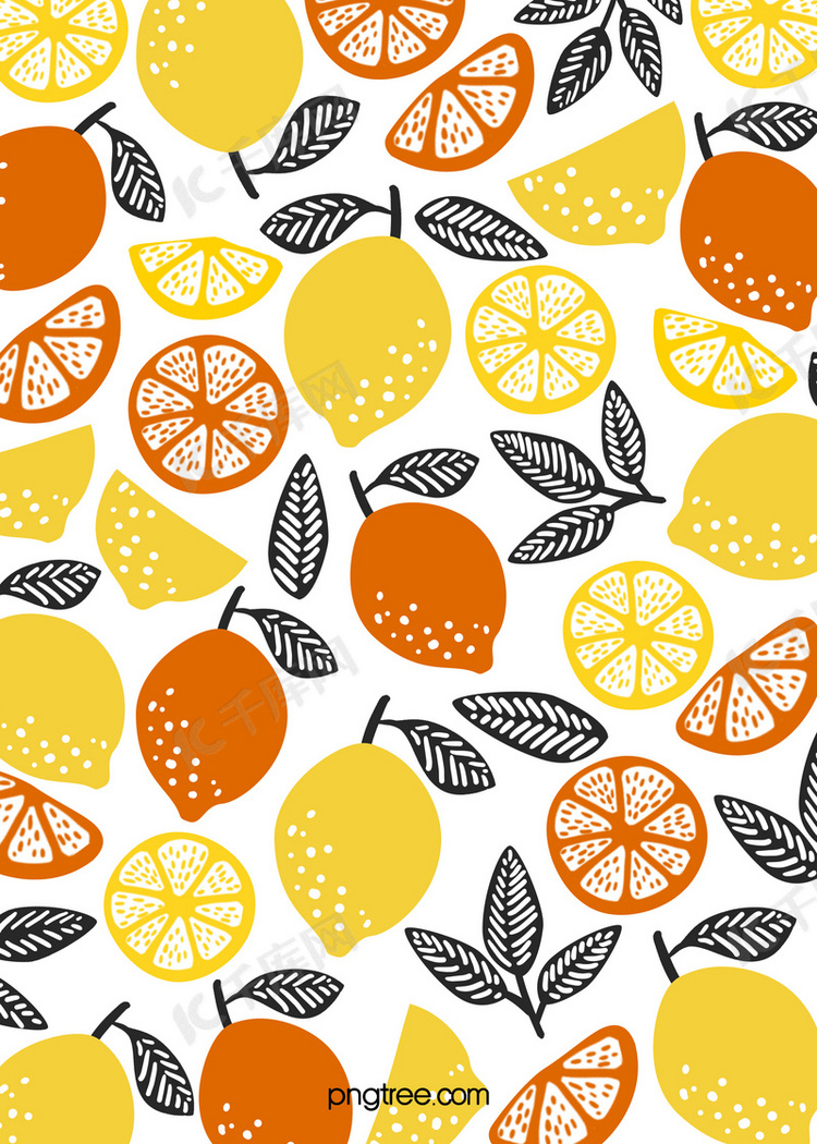 黄色手绘水果柠檬图案拼贴背景