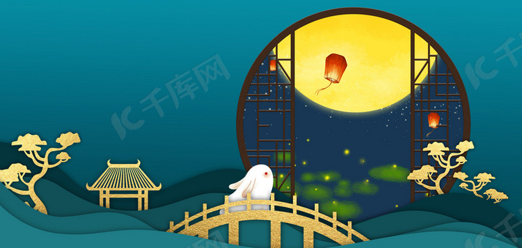 中秋节玉兔观月绿色背景