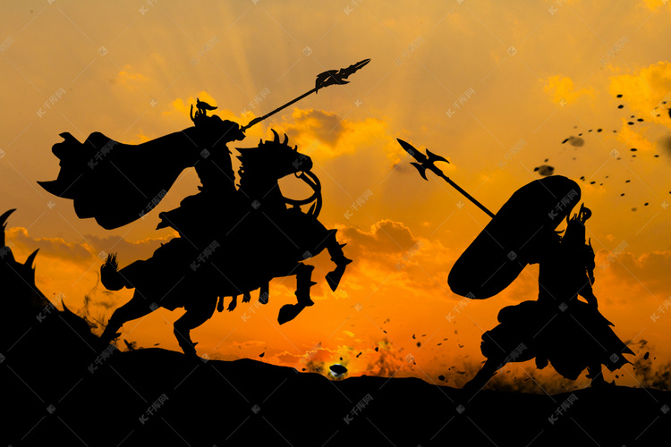 夕阳剪影古代将军将士战场创意合成摄影图配图