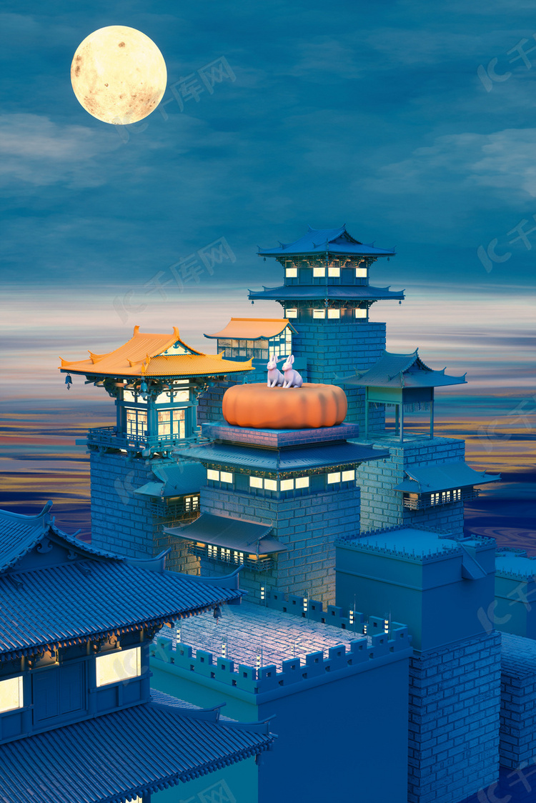 中秋中国风建筑月饼背景