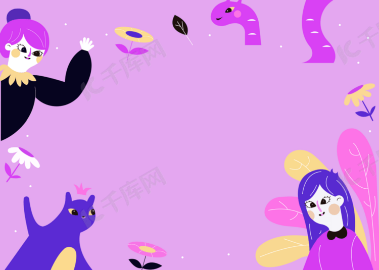 卡通女孩和猫咪紫色背景