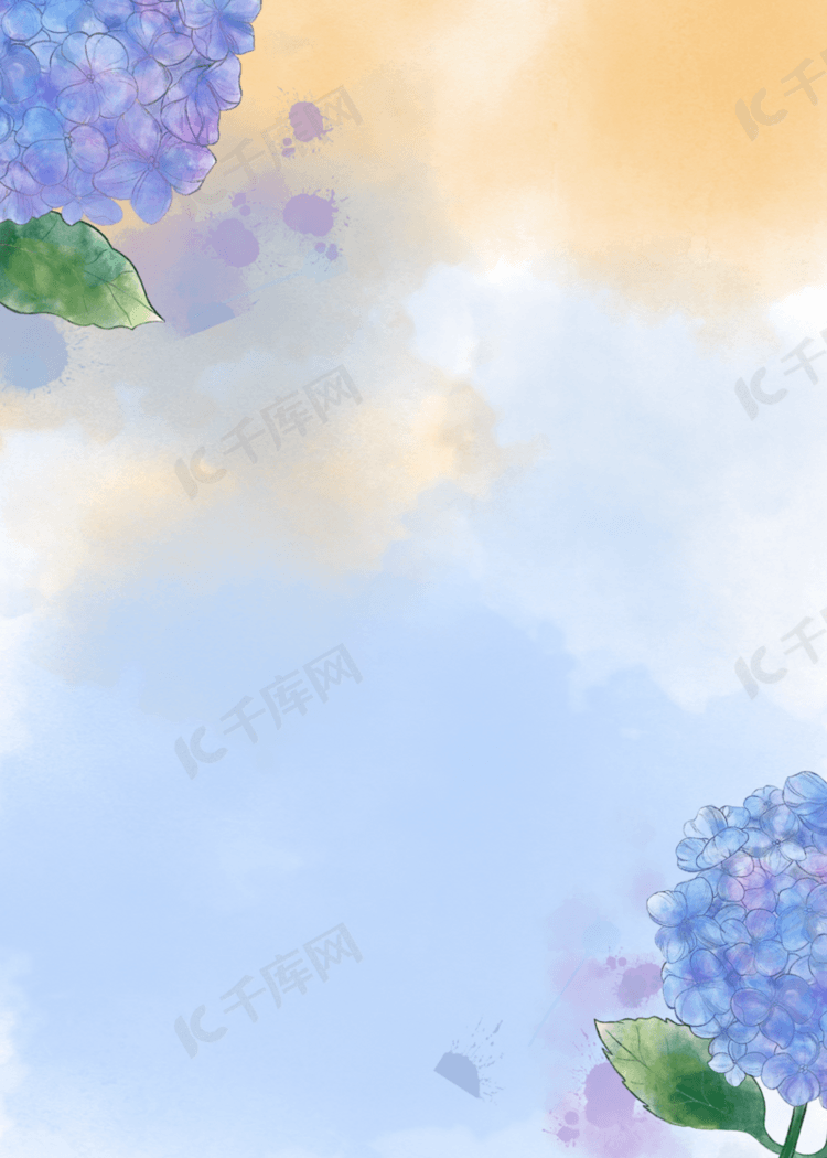 蓝色水墨晕染紫色花卉背景