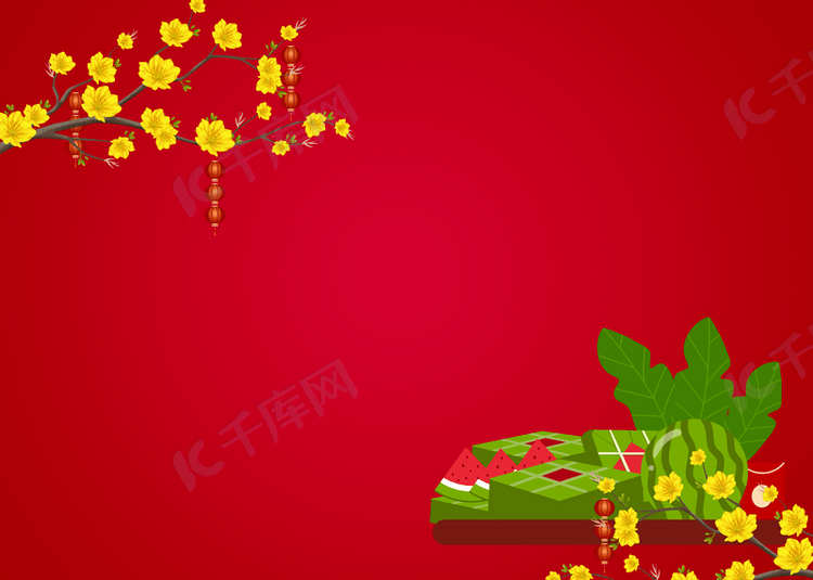 黄色梅花绿色粽子越南春节背景