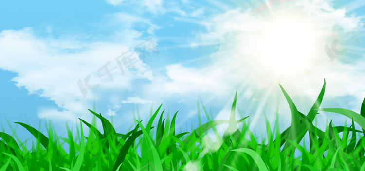 春天蓝天云彩光效绿色草地背景