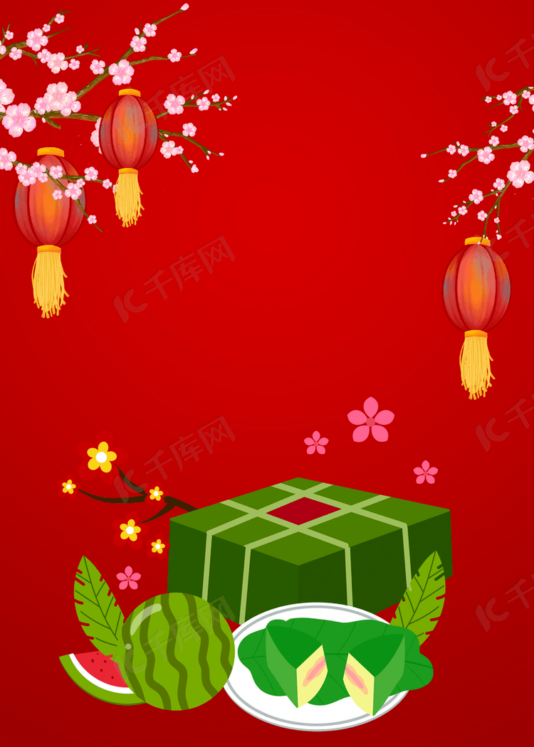 梅花灯笼和盘子里的食物越南春节