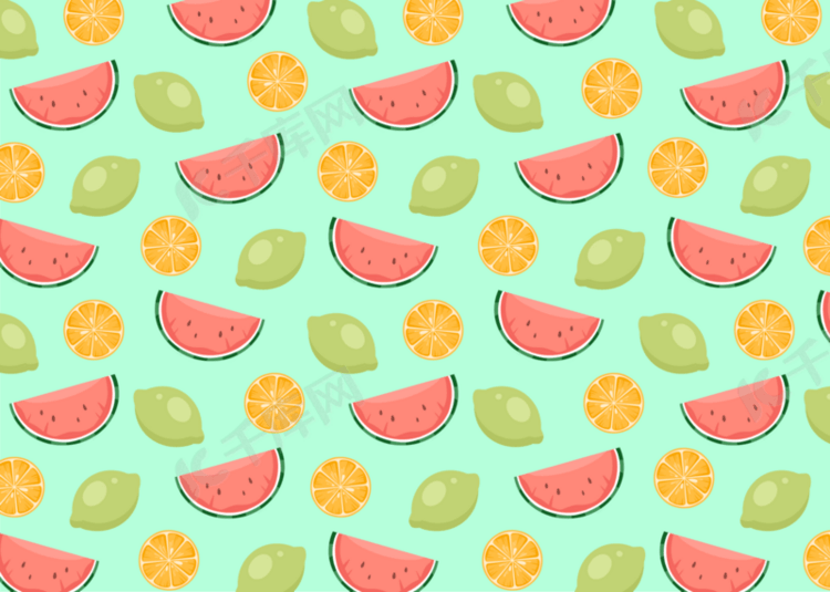 西瓜梨子柠檬无缝隙夏季水果背景