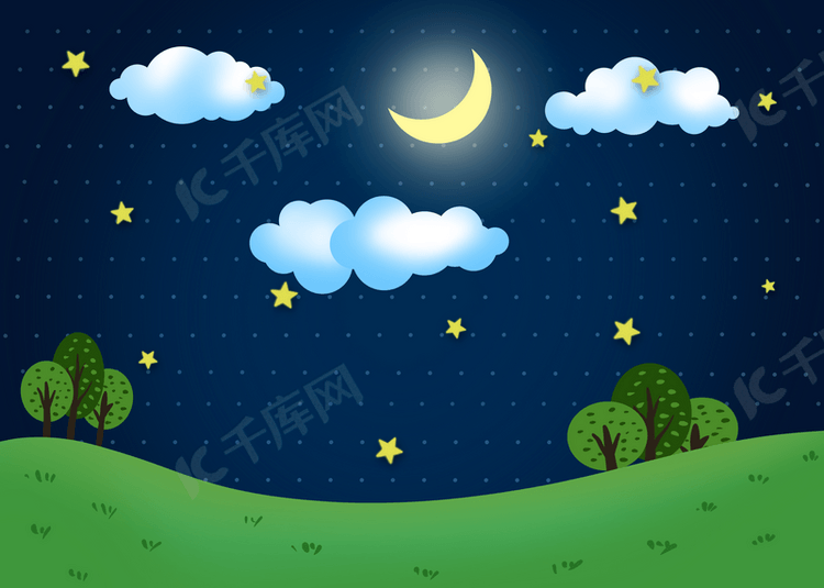 卡通风格夜空中的云朵和月亮