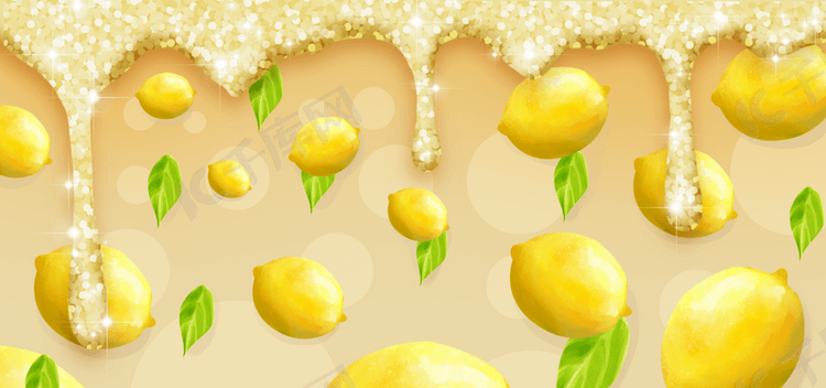 闪光柠檬流体水彩水果背景