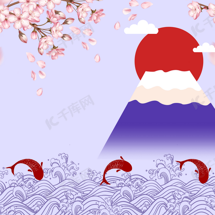 抽象富士山樱花和鲤鱼和风背景