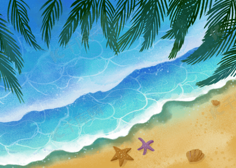 夏日海边蓝色海水沙滩贝壳星星