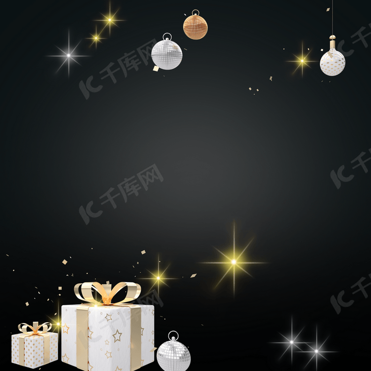 黑色背景圣诞彩球和礼盒