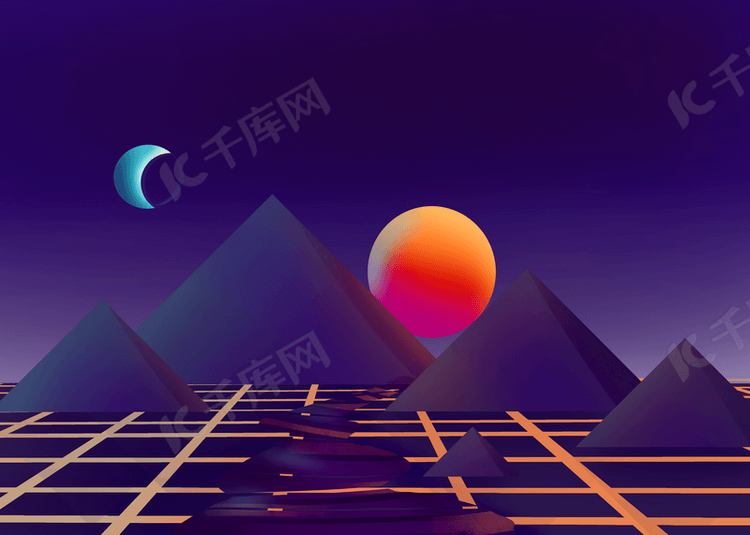 月升日落3d虚拟霓虹抽象背景
