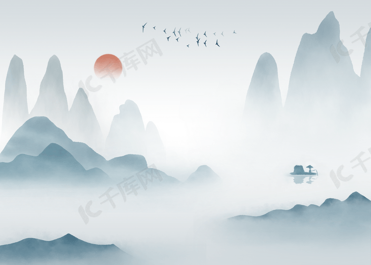 青色中国风格水墨山水画背景