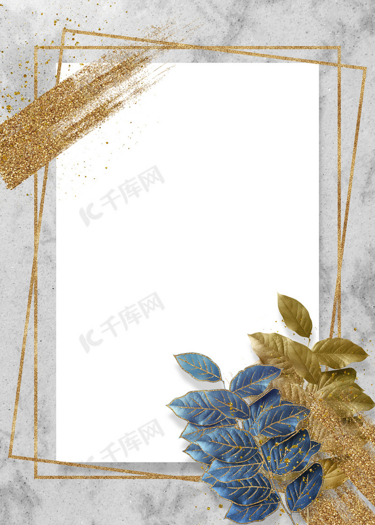 蓝色和金色金箔笔刷植物大理石背