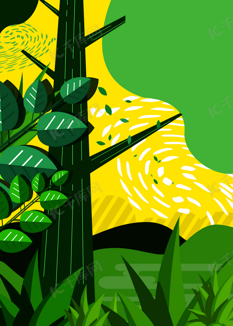 绿色大树树叶黄色草地森林背景