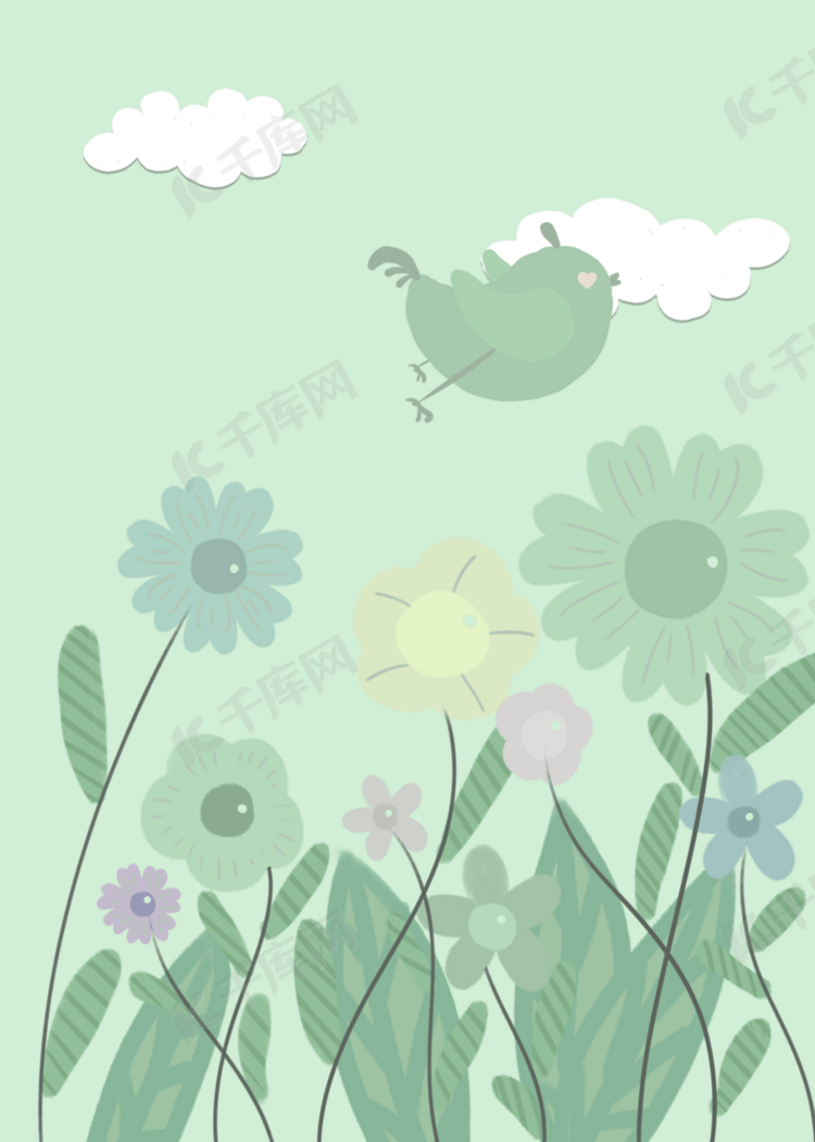 夏季冷调绿色主题花朵飞行小鸟背