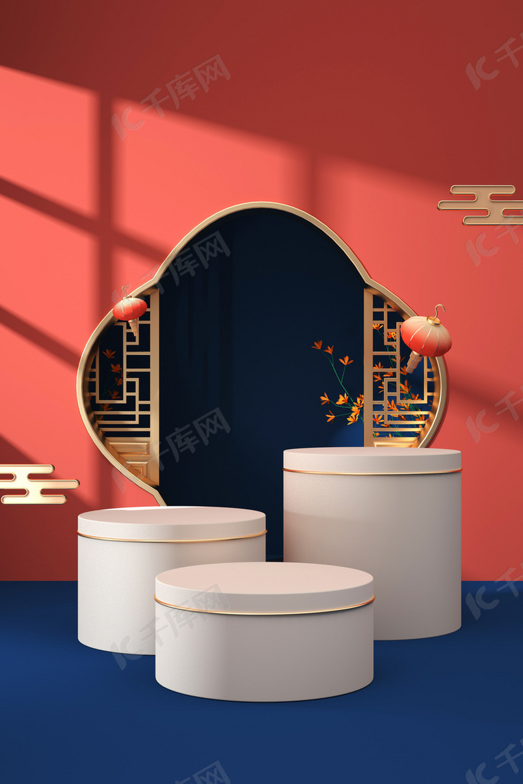 中国风中秋展示台红色国潮c4d