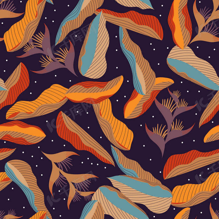 热带叶子在抽象样式在黑暗的背景