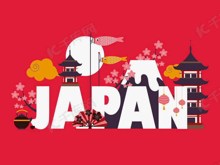国家观光旅游红色背景的海报在平面风格热门的日本景点安装富士和宝塔
