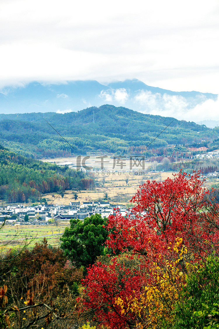 秋季树木和村庄摄影图