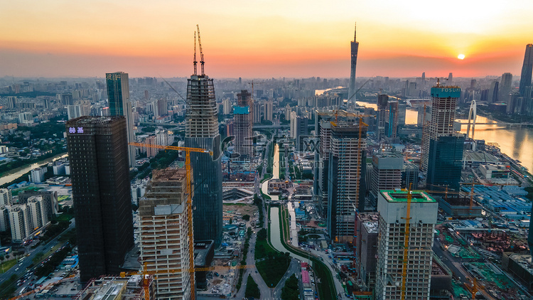 广州琶洲CBD建筑工地城市傍晚