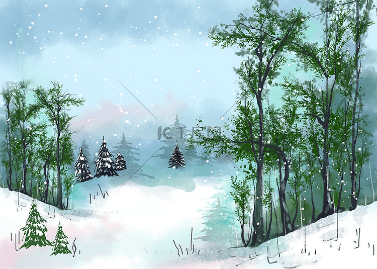 绿色圣诞森林雪景飘雪冬季