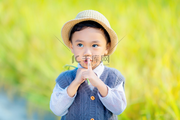 可爱的宝宝在水稻田里玩耍摄影图